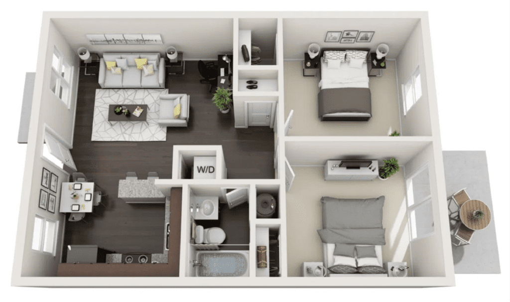 Floor plan layout of a 2 bedroom 1 bath apartment, 709 square feet in size.