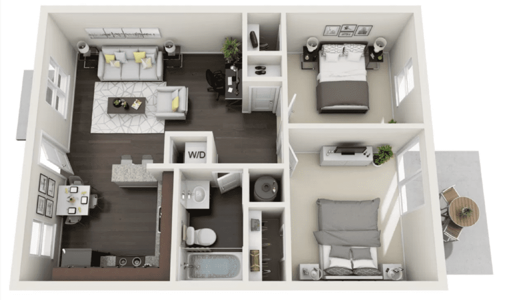 Floor plan layout of a 2 bedroom 1 bath apartment, 738 square feet in size.