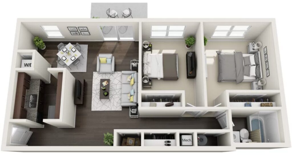 Floor plan layout of a 2 bedroom 1 bath apartment, 824 square feet in size.