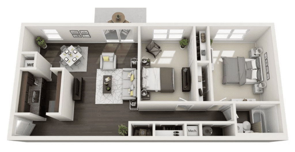 Floor plan layout of a 2 bedroom 1 bath apartment, 894 square feet in size.
