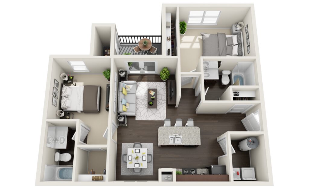 Floor plan of a 2 bedroom and 2 bathroom apartment. Total square foot of the apartment is 1000.