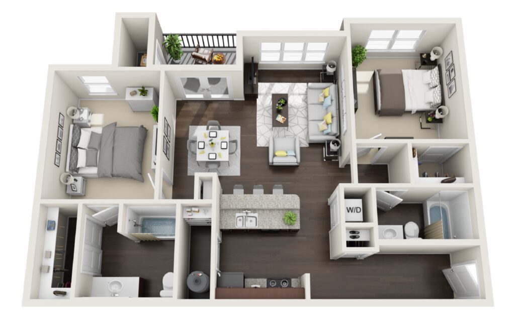 Floor plan of a 2 bedroom and 2 bathroom apartment. Total square foot of the apartment is 1147.